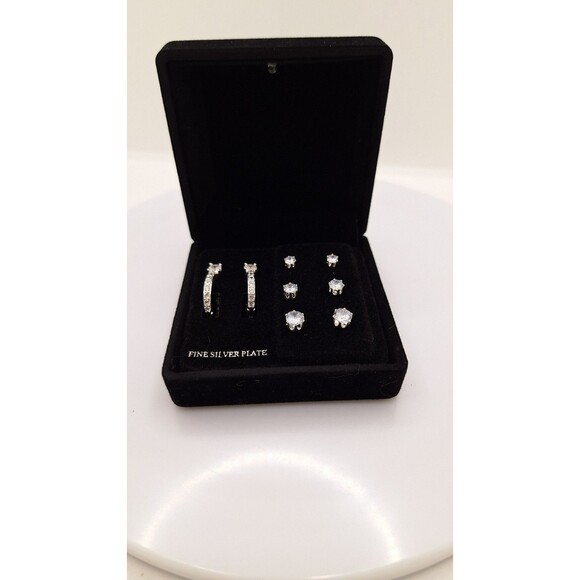 Kohls Metal Earrings 4 Pairs Silver-tone Nickel Free Cubic Zirconia Studs and ho - Picture 2 of 5